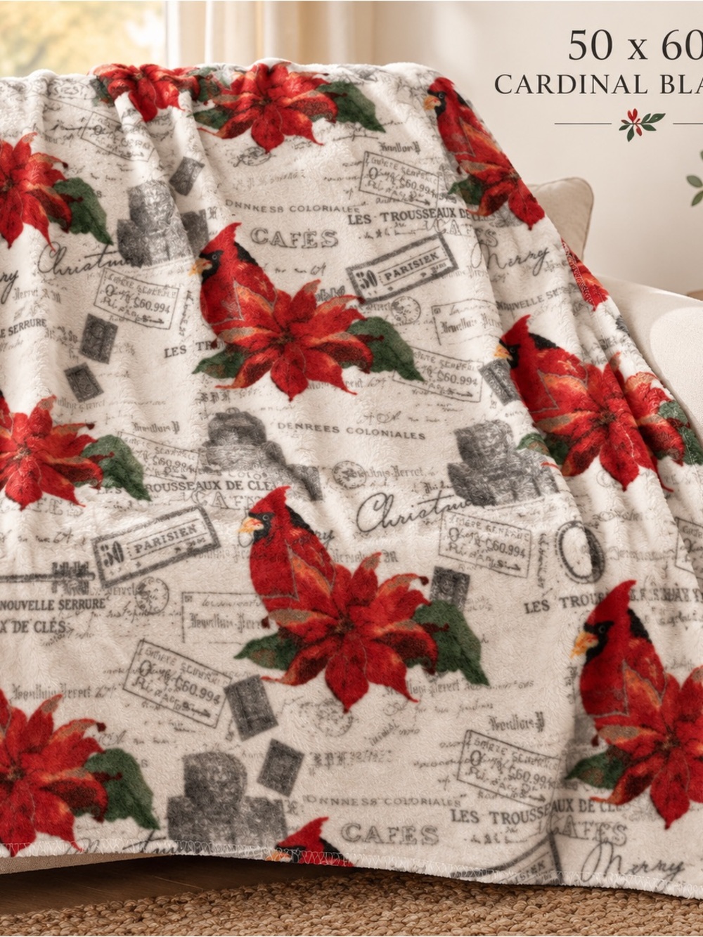 Festive Red Cardinal Poinsettia Plush Throw Blanket -50x60
